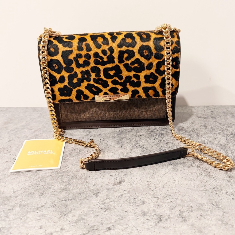 NEW Michael Kors Jade Large Gusset Crossbody Leopard Leather Handbag